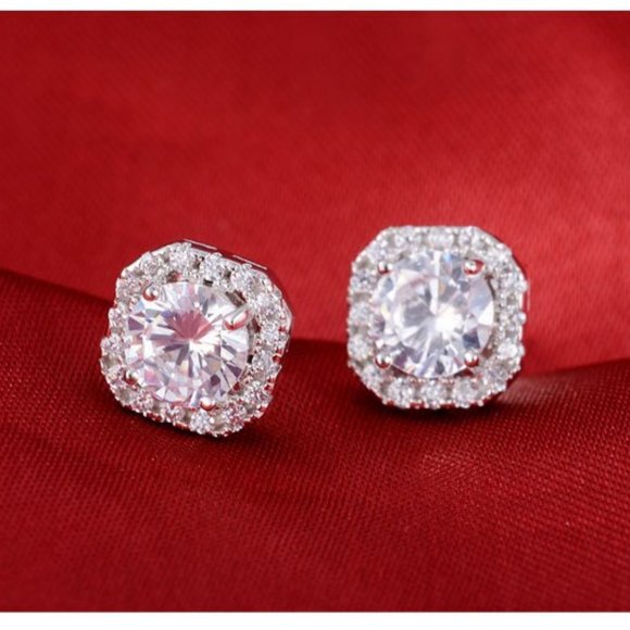 NEW 925 Silver Round Diamond Halo Stud Earrings - Picture 5 of 10
